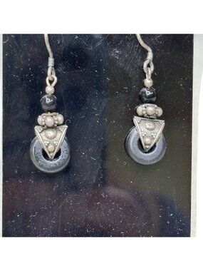 Vintage Black Bead & Sterling Silver Dangle Earrings Black Onyx Ring Southwest